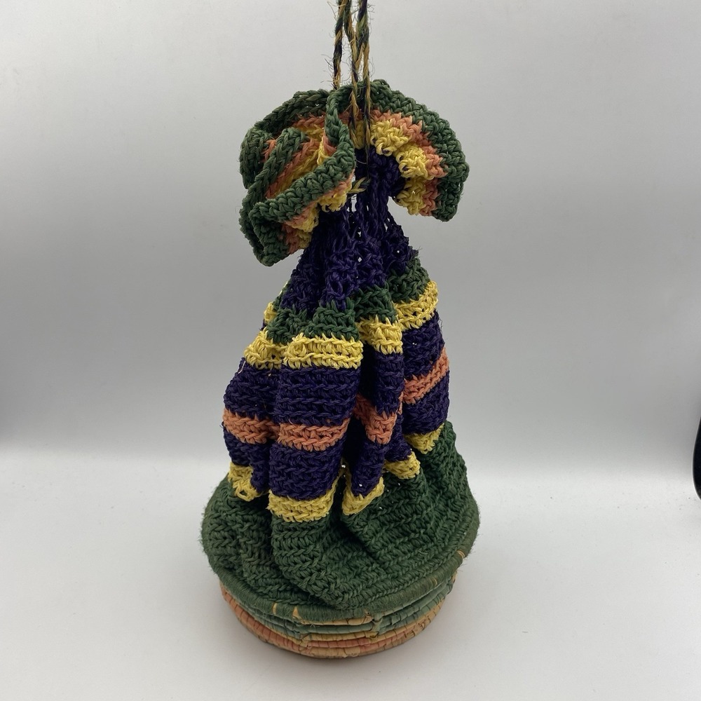 Vintage Woven Crochet‎ Tortilla? Basket Multicolor Drawstring Closure 6"